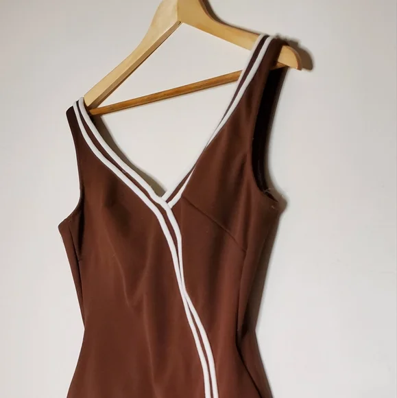 60s Sweetheart Brown Vintage One Piece Swimsuit with White Striped Lining - Picture 13 of 13